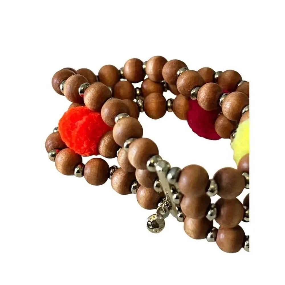 Baublebar Wood Beaded Stretch Bracelet Pom Pom Tribal Three Strand